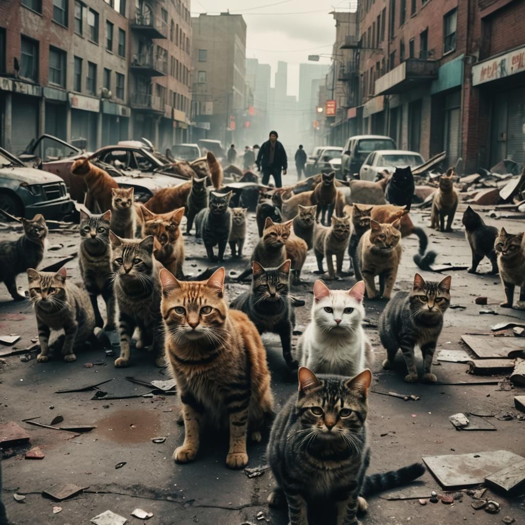 Cats vs Zombies in Post-Apocalyptic Cityscape