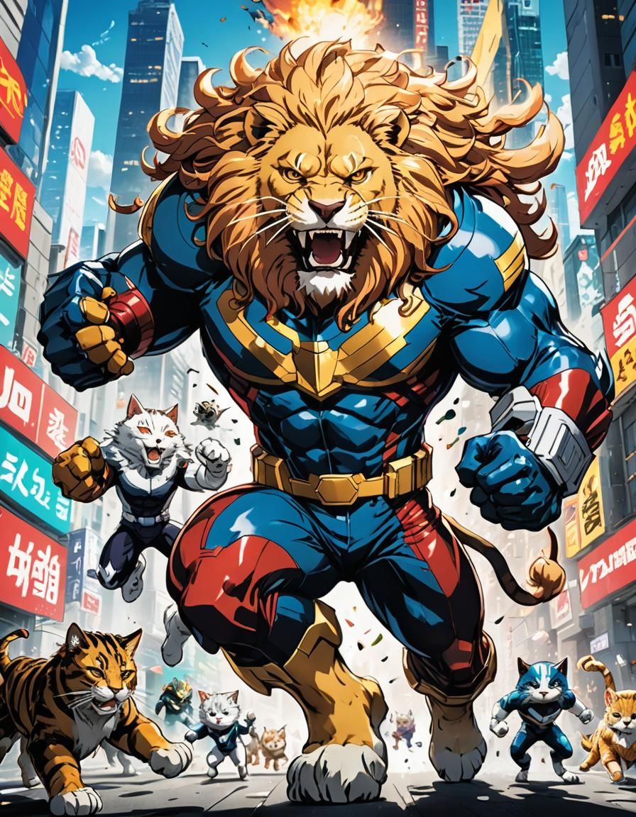 Lion Superhero and Cat Sidekicks in Anime Style
