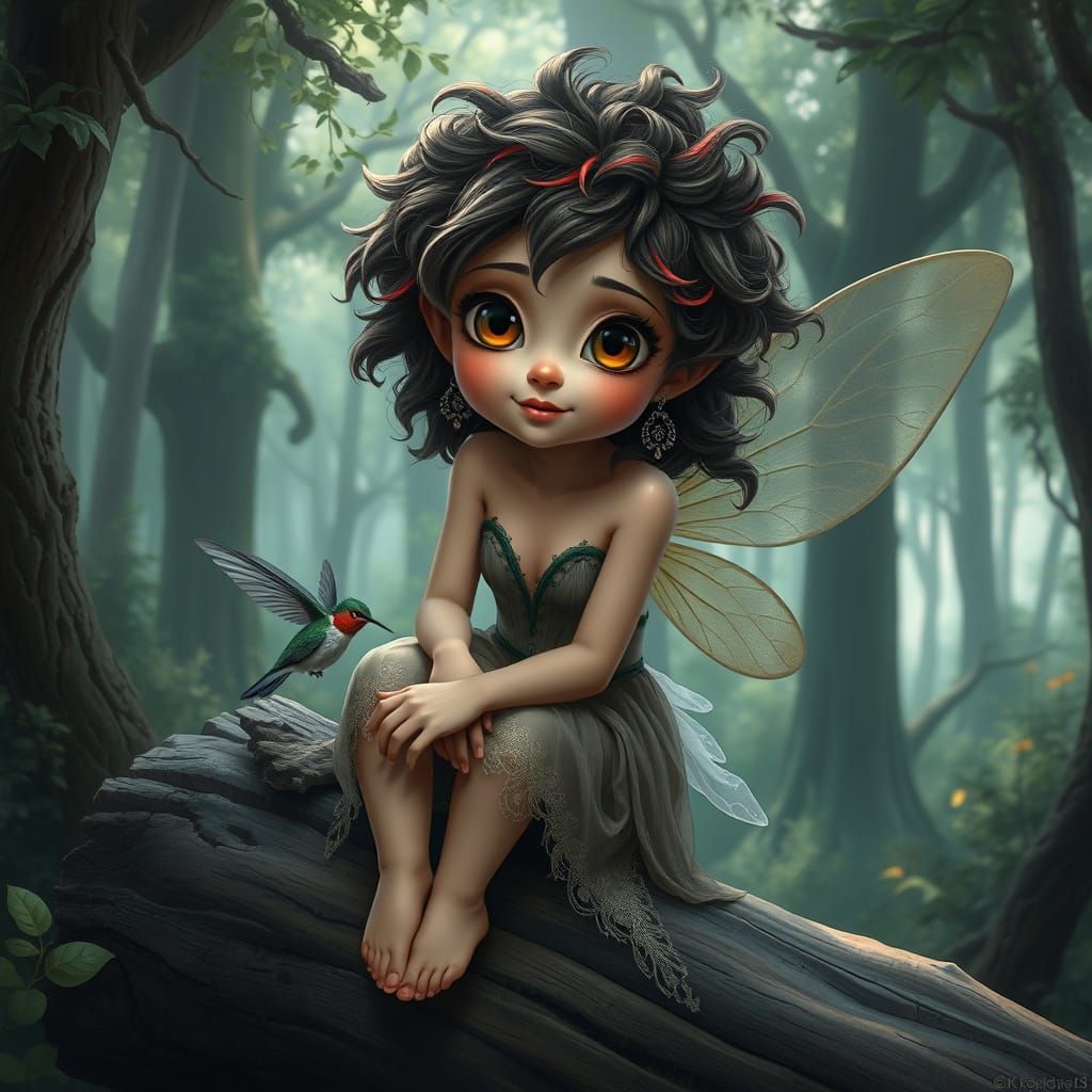 a fairy with big light eyes and long dark eyelashes. The fairy has dark blonde hair with red streaks and wild, untamed, ...