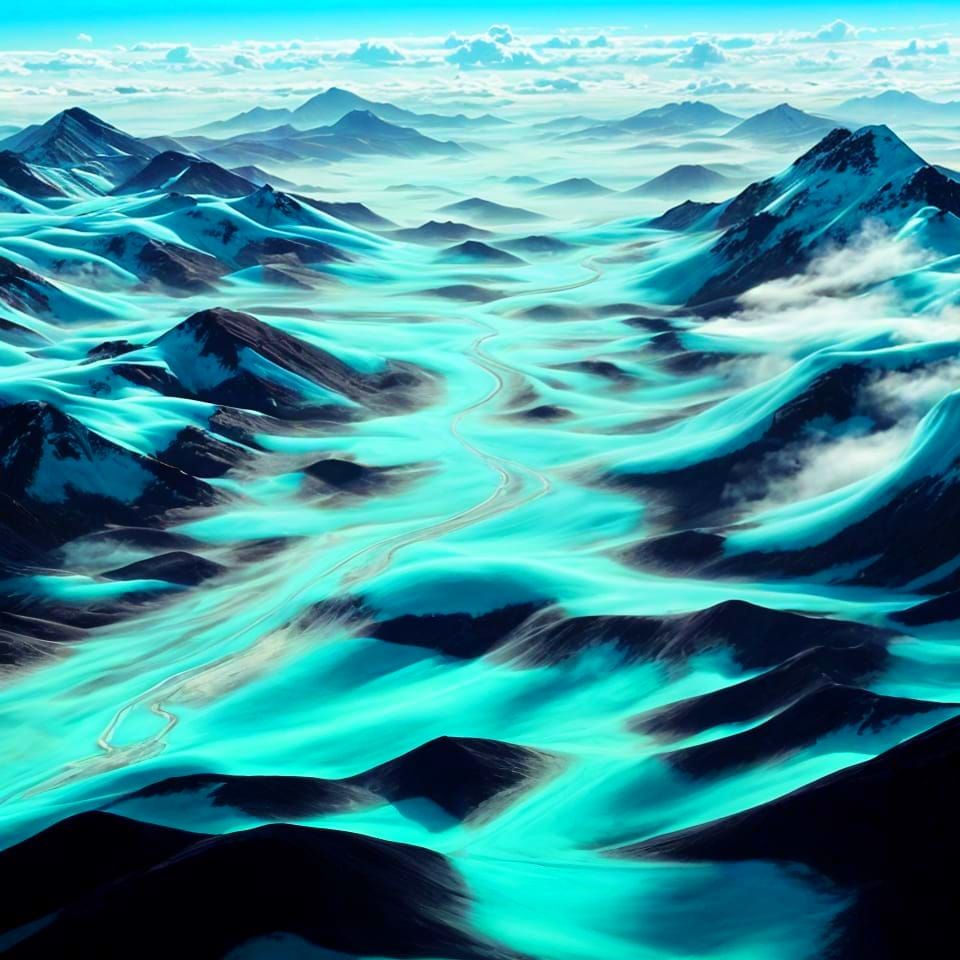 Turquoise Airplane Flies Through Neon Clouds