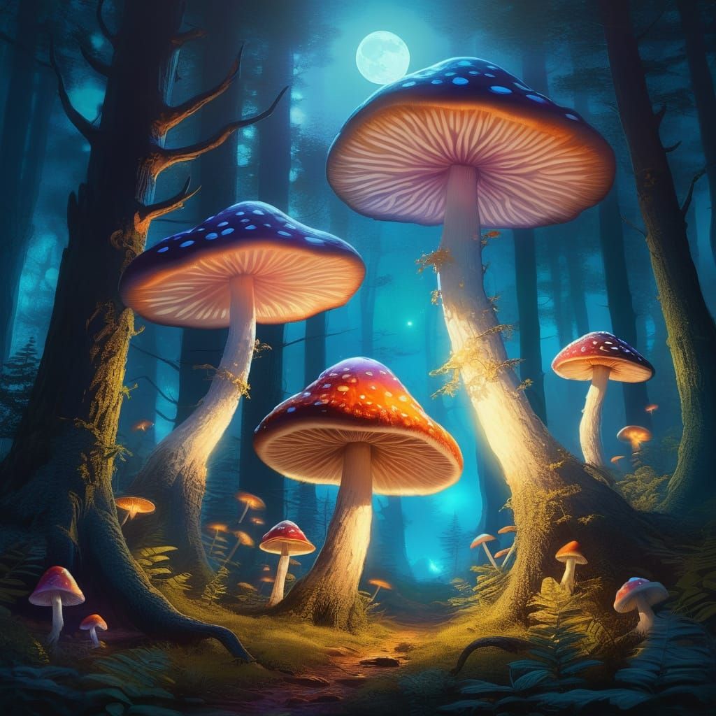 Fantasy Creatures in Moonlit Forest: Oil Painting