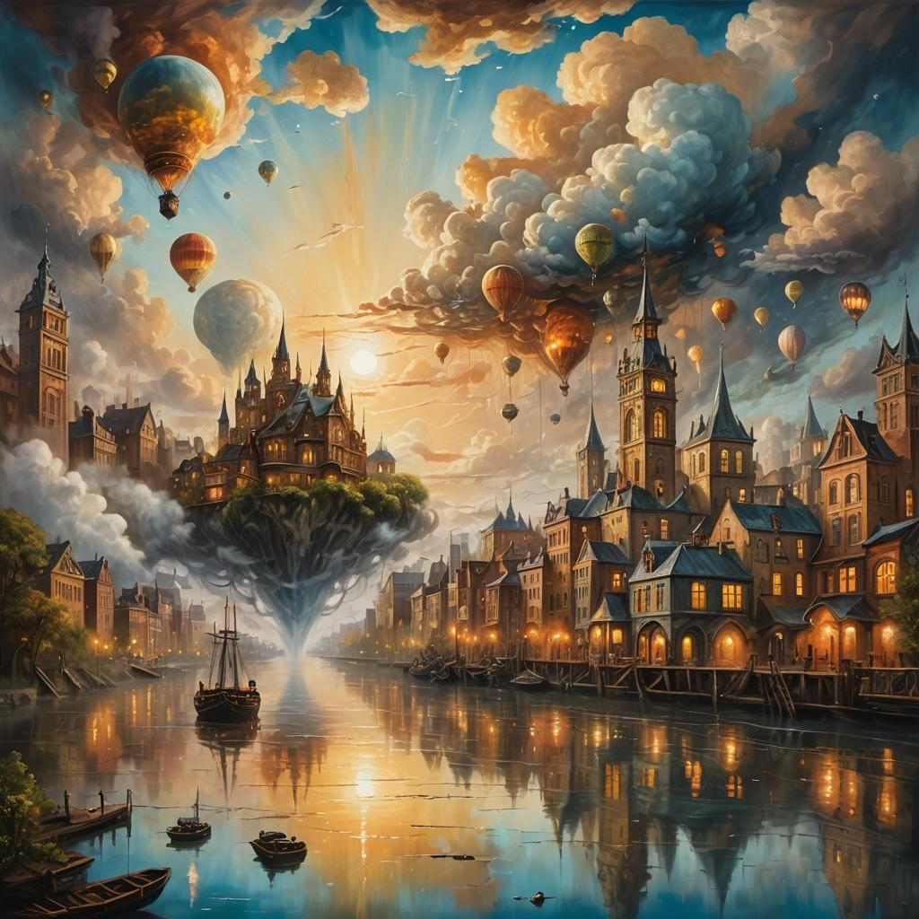 Surreal Floating City in Golden Hour Light
