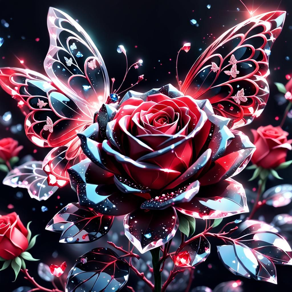 Black and Red Rose with Crystal Butterflies