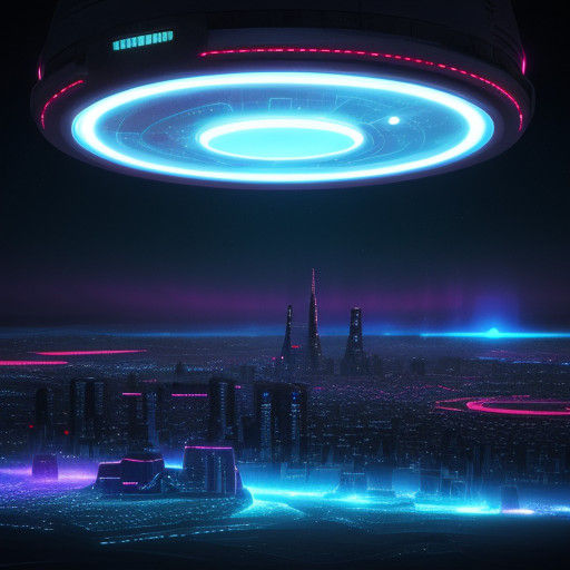 Neon-Glowing UFO Over Abandoned Futuristic Cityscape