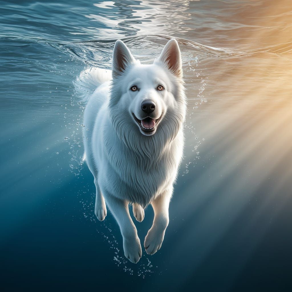 Underwater White Shepherd Dog in Concept Art Style