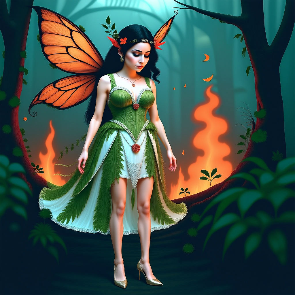 Plant Fairy in Burning Woods: A Surreal Scene