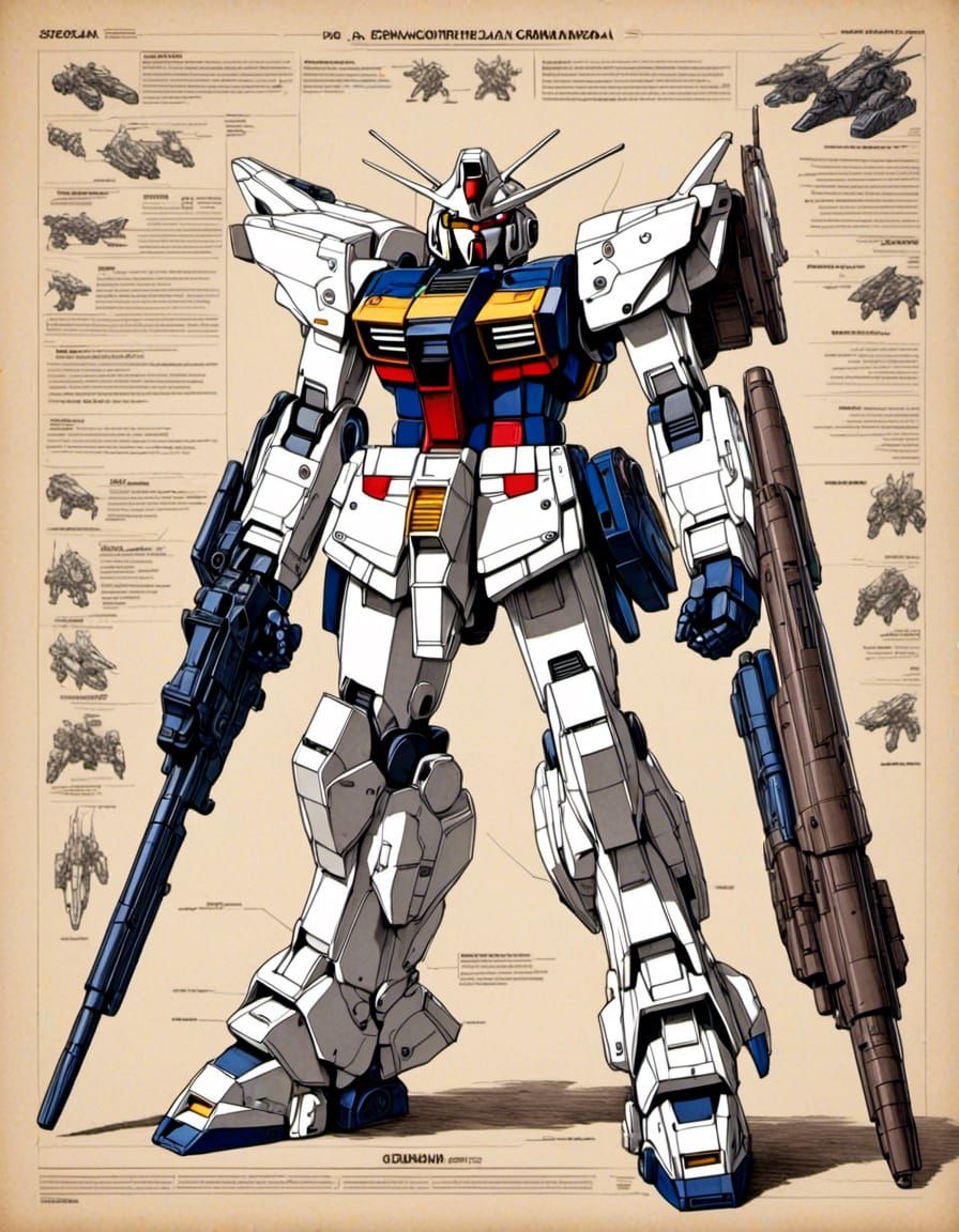 Gundam Mech Schematic on Parchment