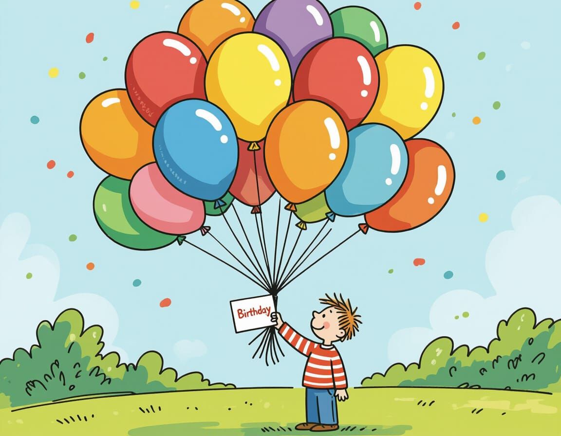 Boy with Balloons in Quentin Blake Style