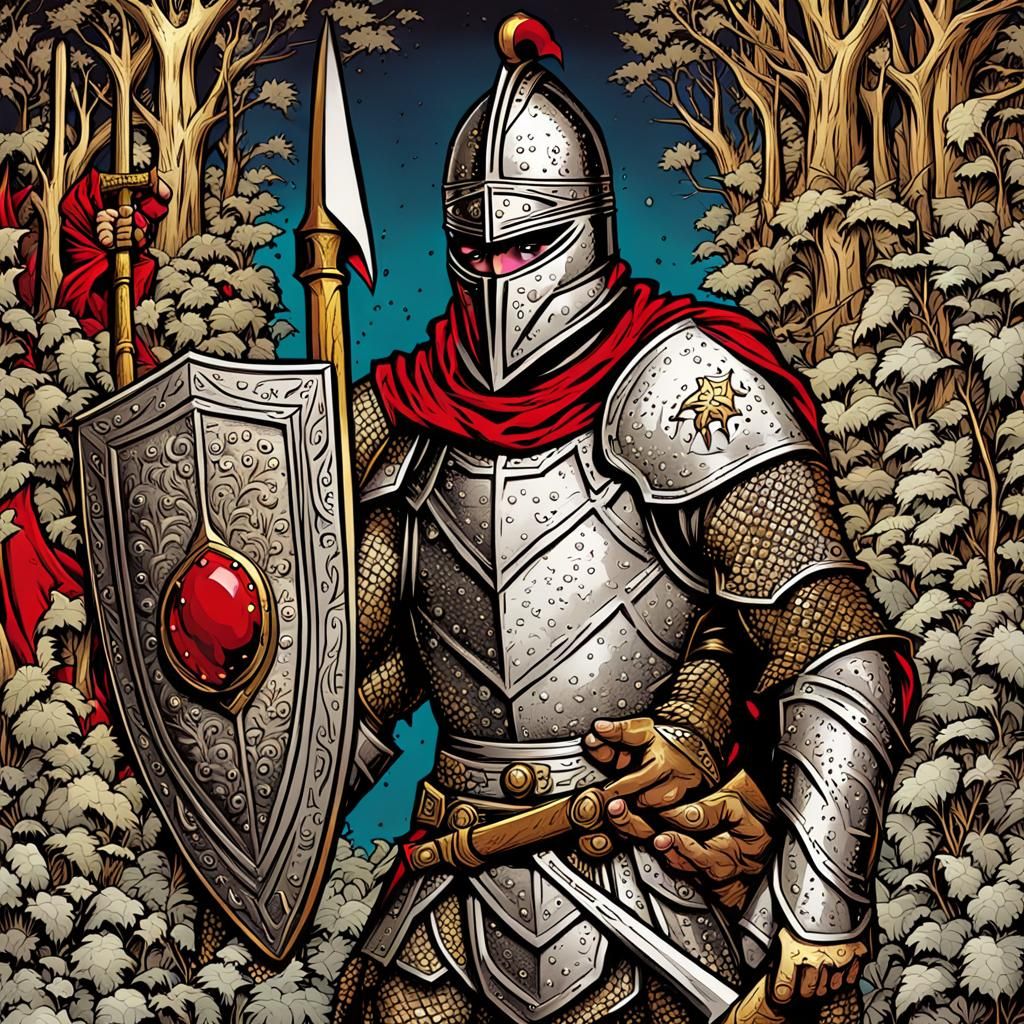 Fearsome Medieval Warrior with Ruby Hammer Illustration