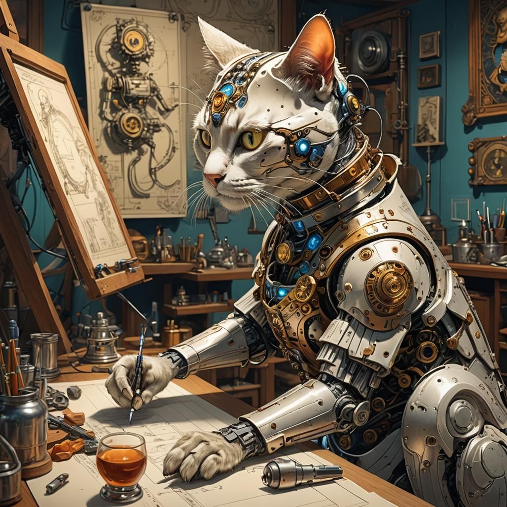 Cyborg Cat Inventor in DaVinci-Style Studio