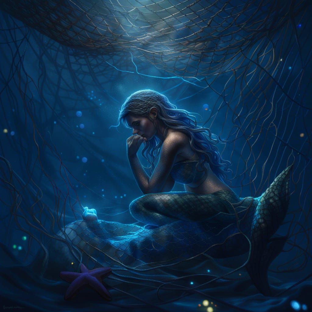 Crying Mermaid Trapped Under the Sea in Dark Fantasy Style