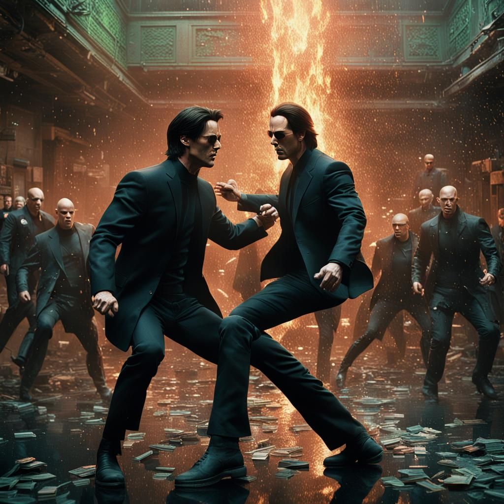 Epic Matrix Battle: Hunt vs. Reeves in Detailed Painting