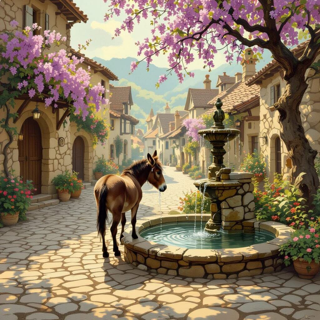 Mule at Village Fountain in Storybook Style