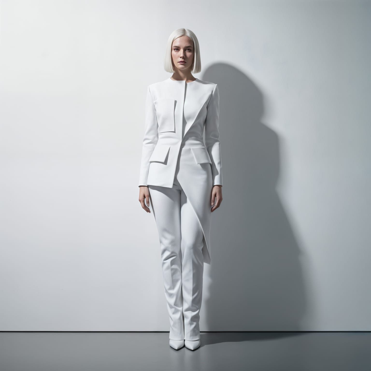 Sophisticated Woman in Architectural White Outfit