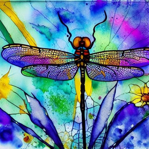 Stained Glass Dragonfly with Watercolor Accents