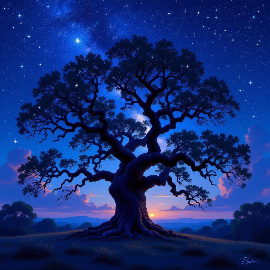 Ancient Oak Under Starry Night Sky in Fantasy Matte Painting...