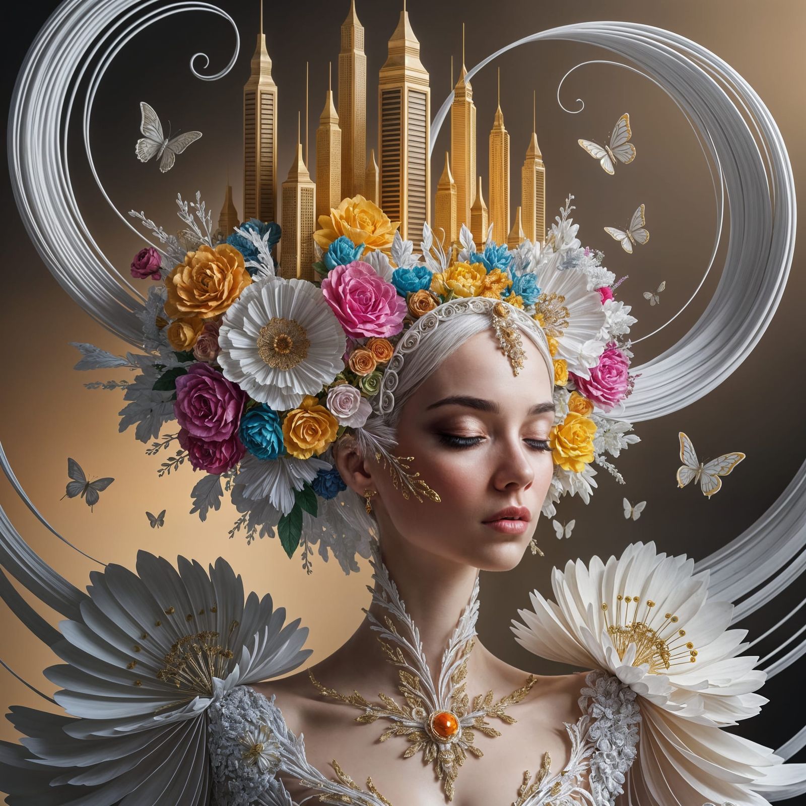Ethereal Woman with Paper Sculpture Headdress