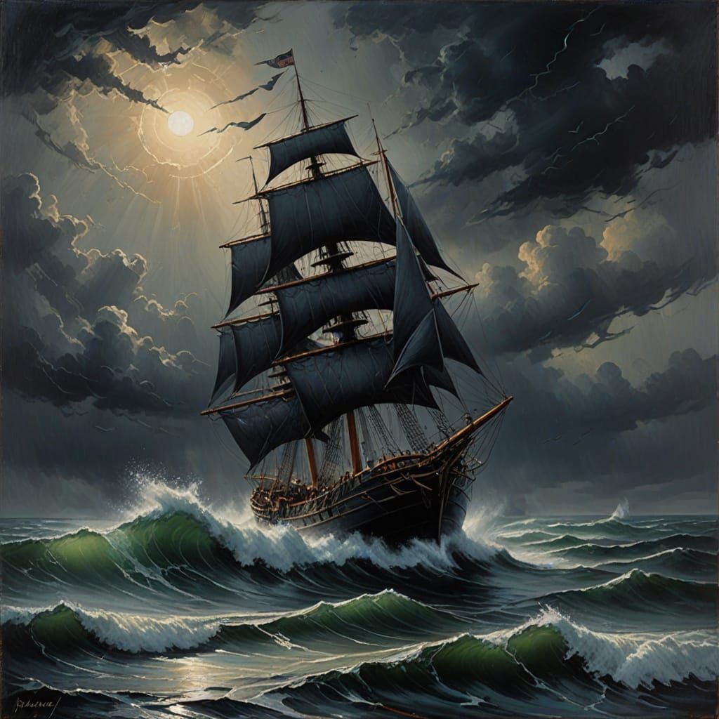 Old Sailing Vessel Tossed on Tempestuous Sea in Romantic Oil...