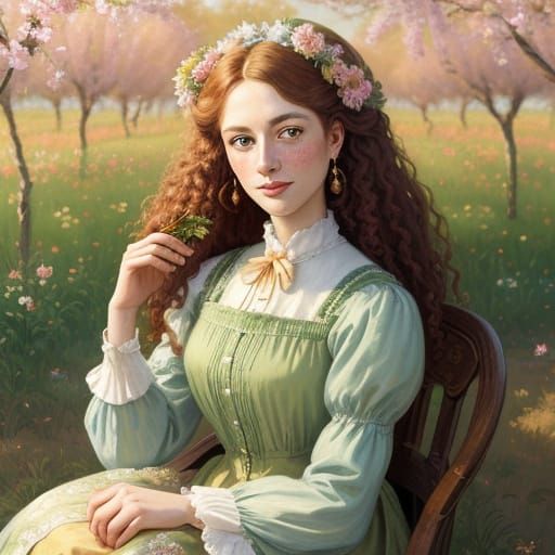 Victorian Woman in a Whimsical Peach Orchard Oil Painting