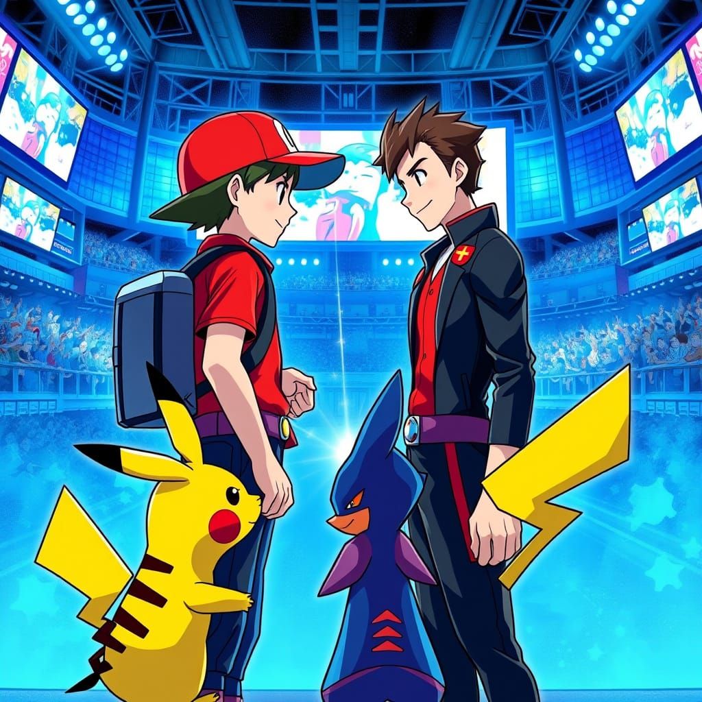 Electric Blue Stadium Showdown: Ash Ketchum vs Leon
