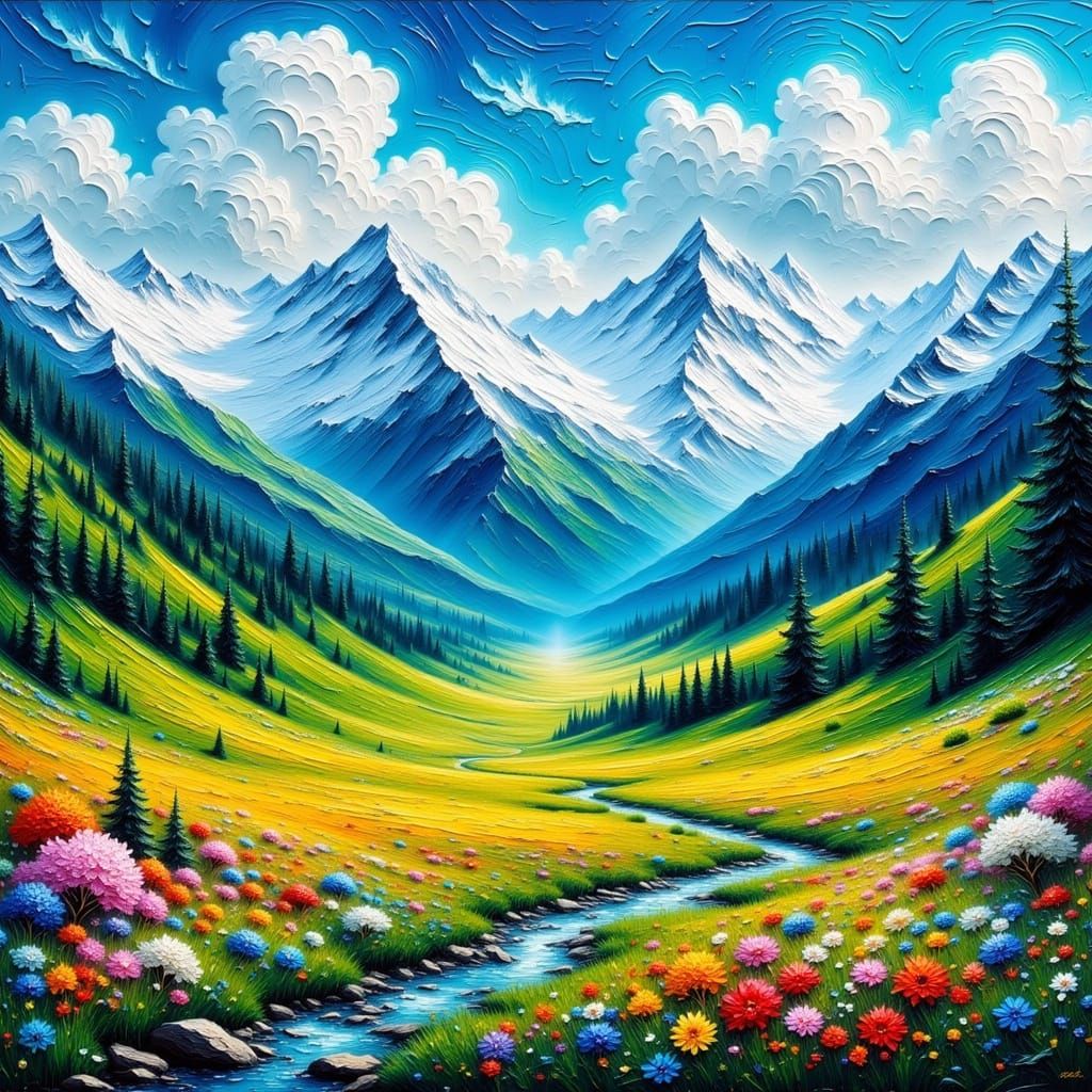 Winter Peaks Meet Spring Blooms in Majestic Matte Painting