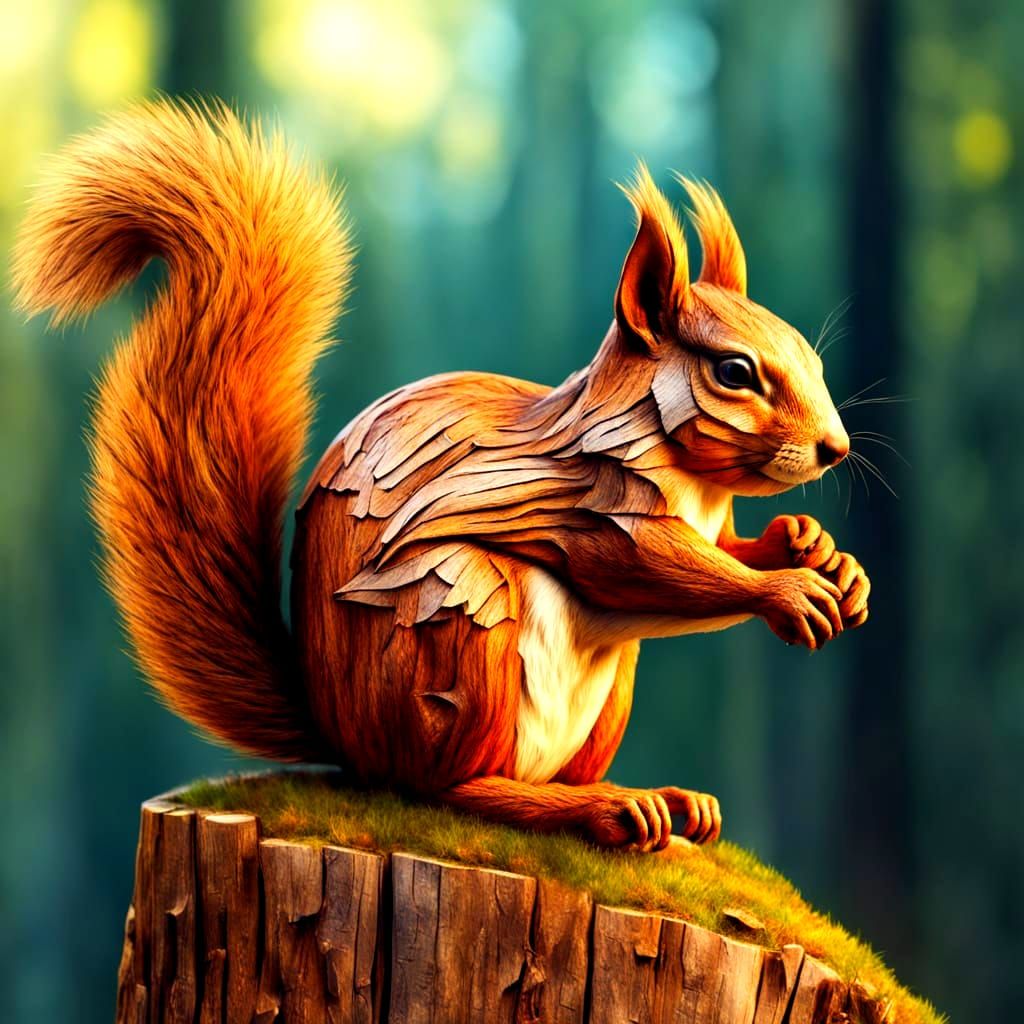 Detailed Wood Carving of a Cute Squirrel