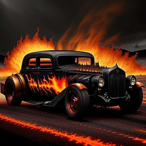 Fiery Steampunk Hotrod in Surreal Landscape