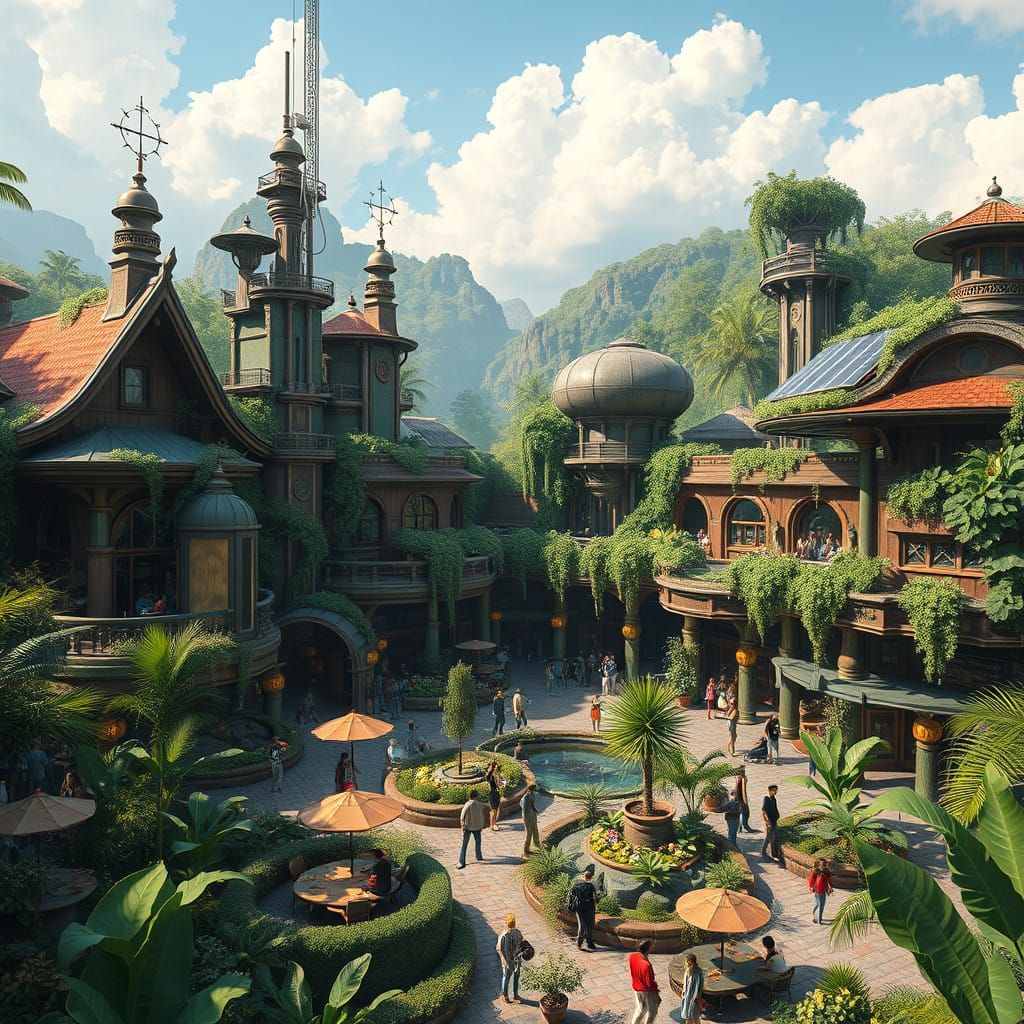Ethereal Steampunk Oasis with Solar-Powered Community Spaces
