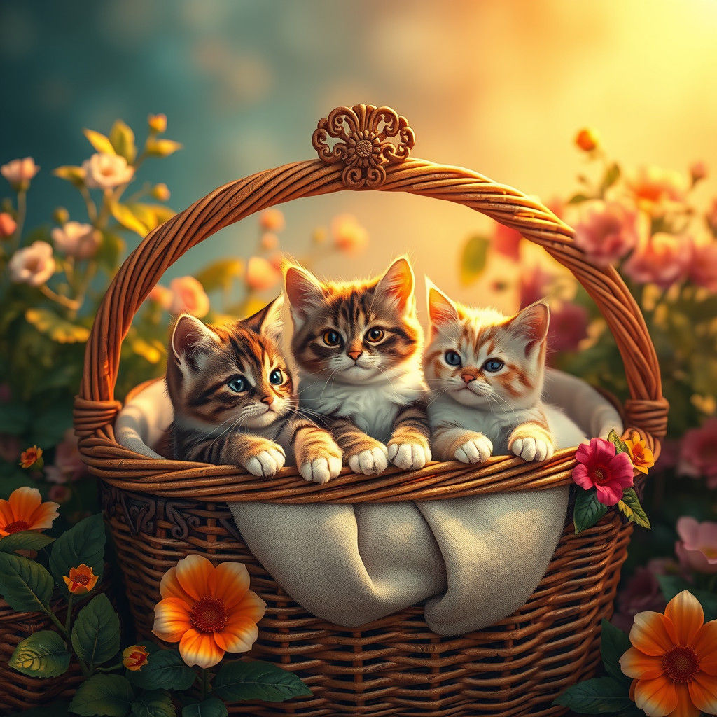 Cats Lounging in Basket with Flowers