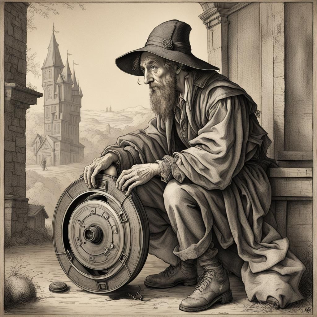 Old Man with Film Reel: Etching Style