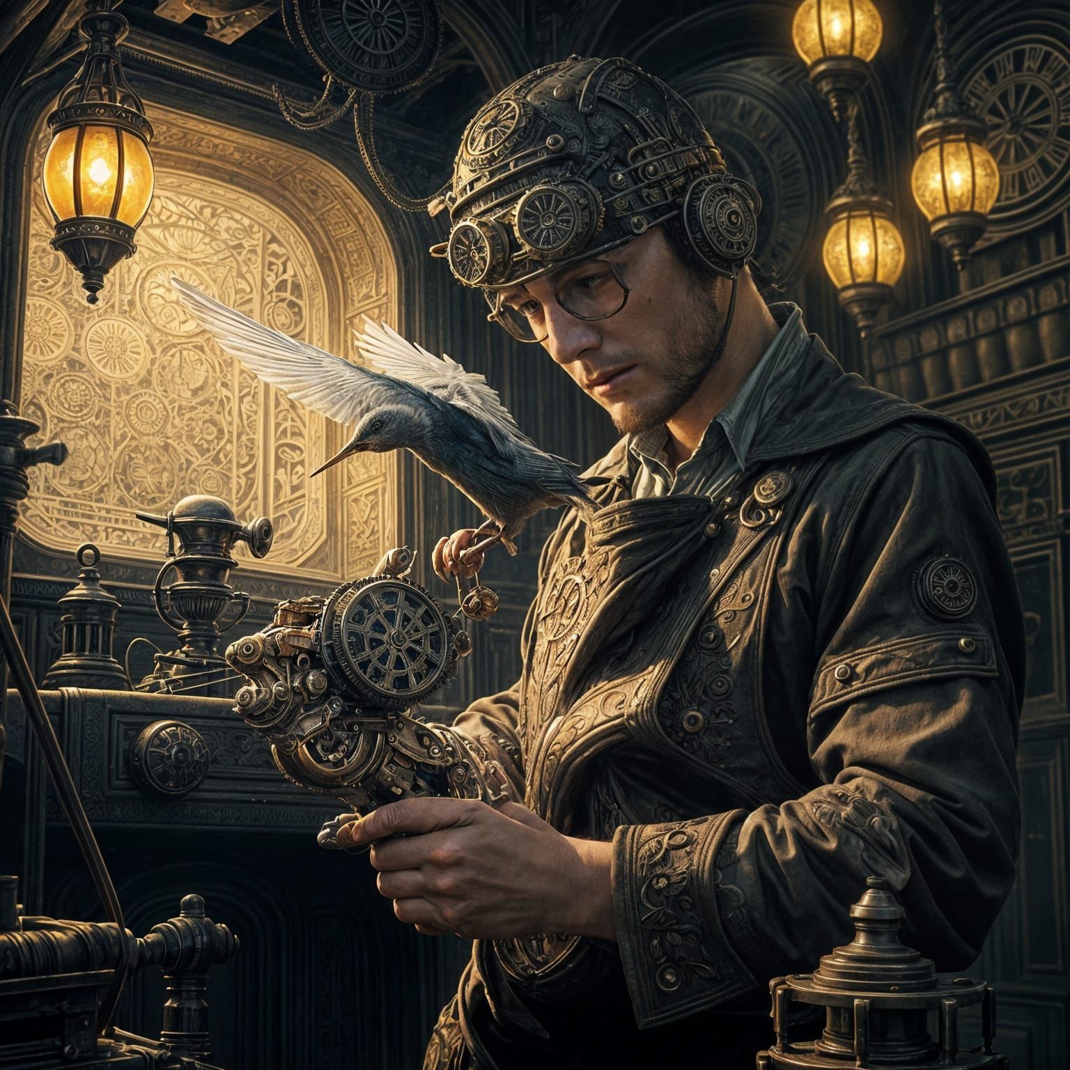 Clockwork Artisan Assembles Automaton Bird in Steampunk Cham...