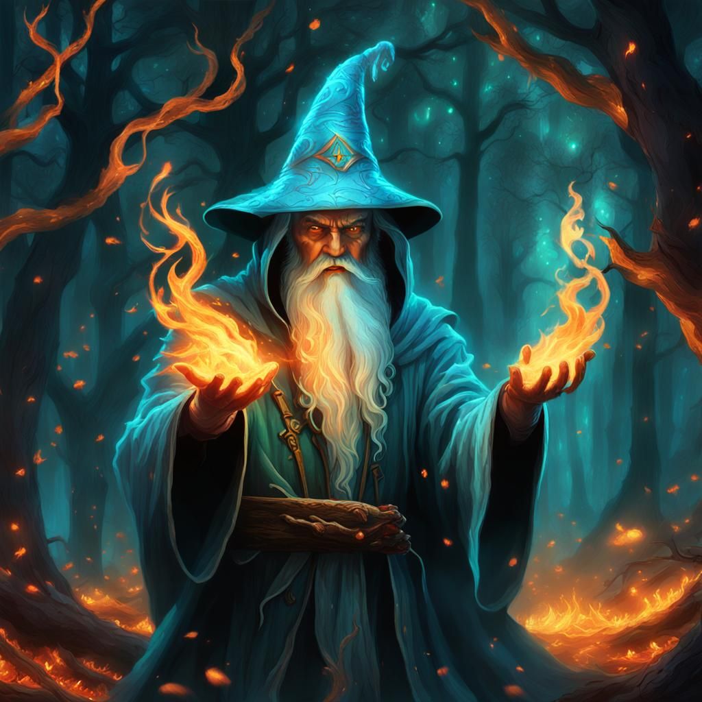 Wizard Casting Spell in Misty Forest: Digital Fantasy Art