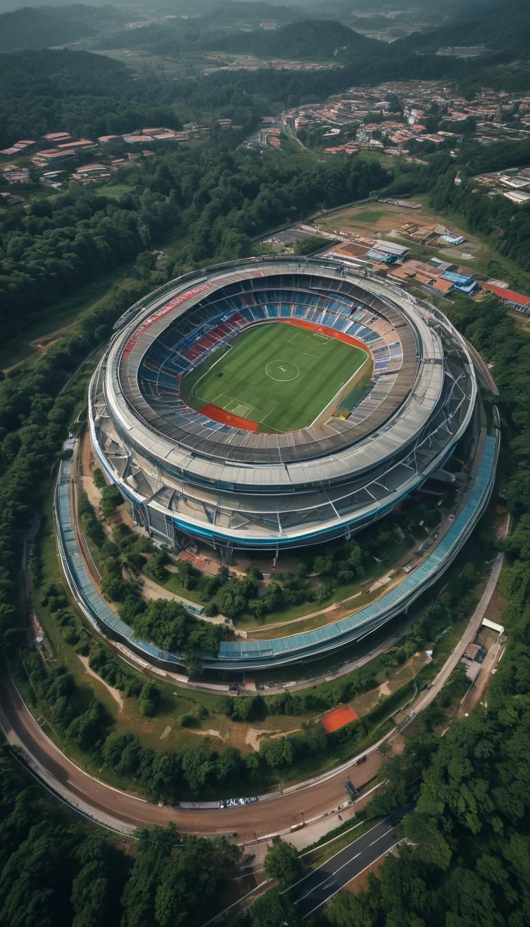 Futuristic Football Stadium on Mountain: Fantasy Concept Art