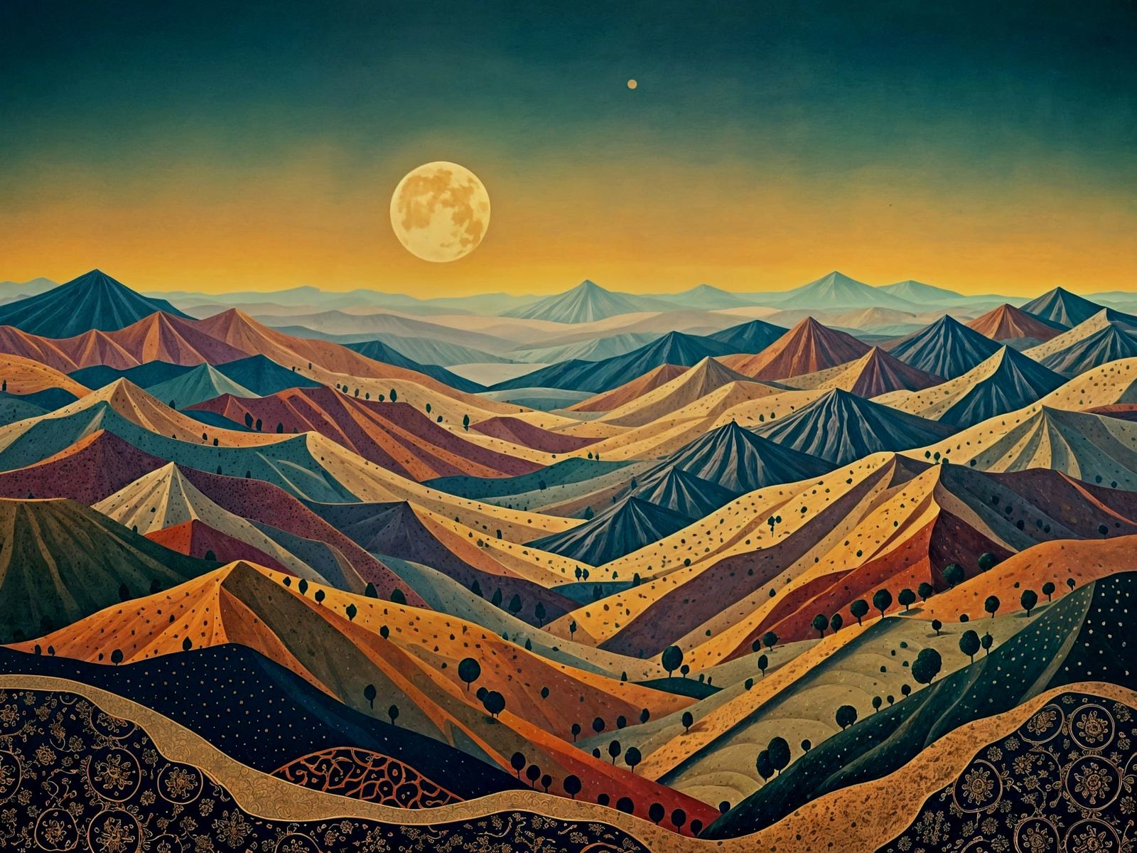 Minimalist Desert Landscape in Pointillist Qajar Art Style