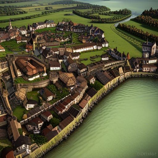 Medieval Town Aerial View, Fantasy Concept Art