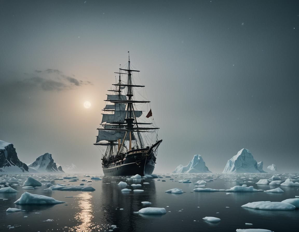 "The Endeavour drifting aimlessly on a still arctic sea,