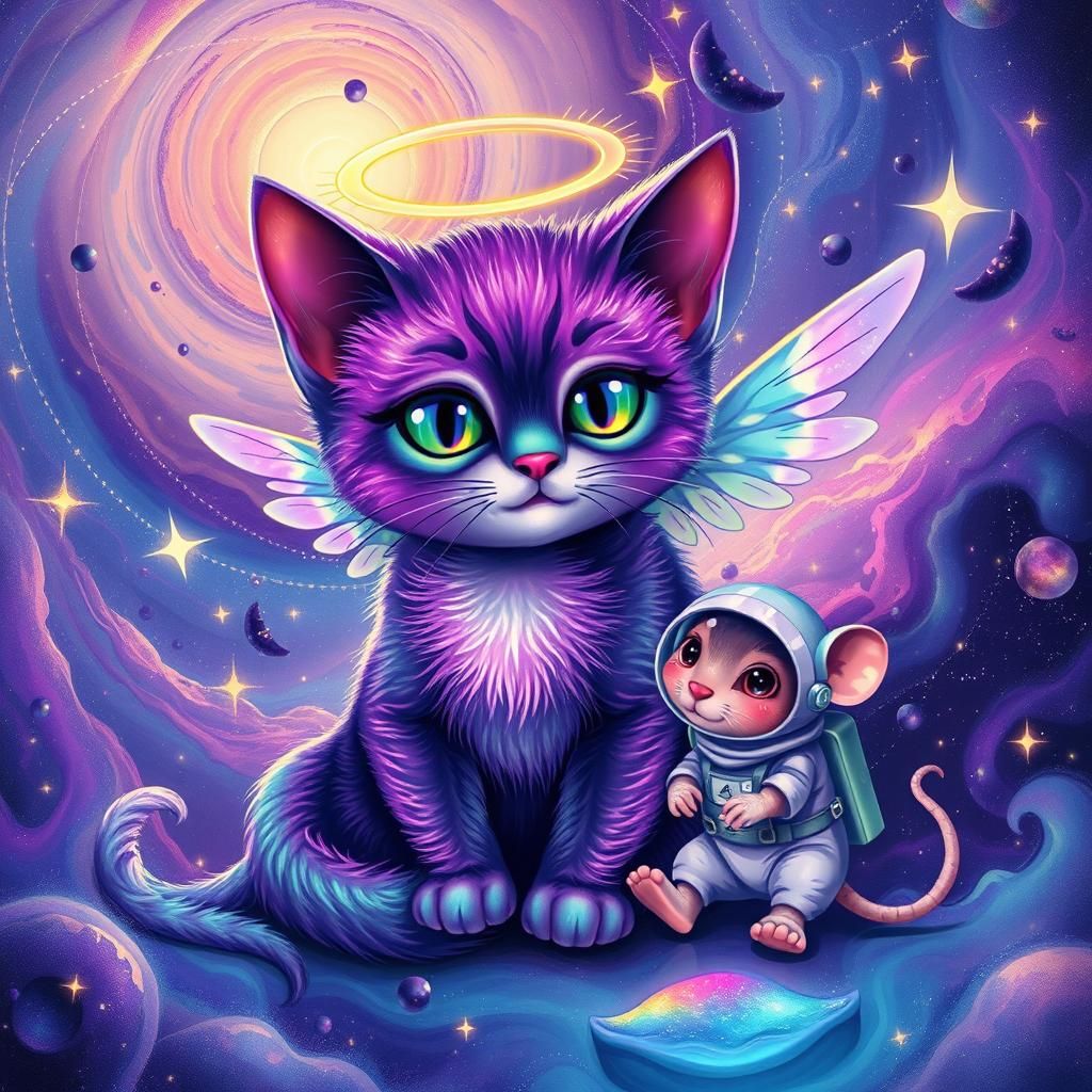 Cosmic Angel Cat and Mouse in Psychedelic Galaxy