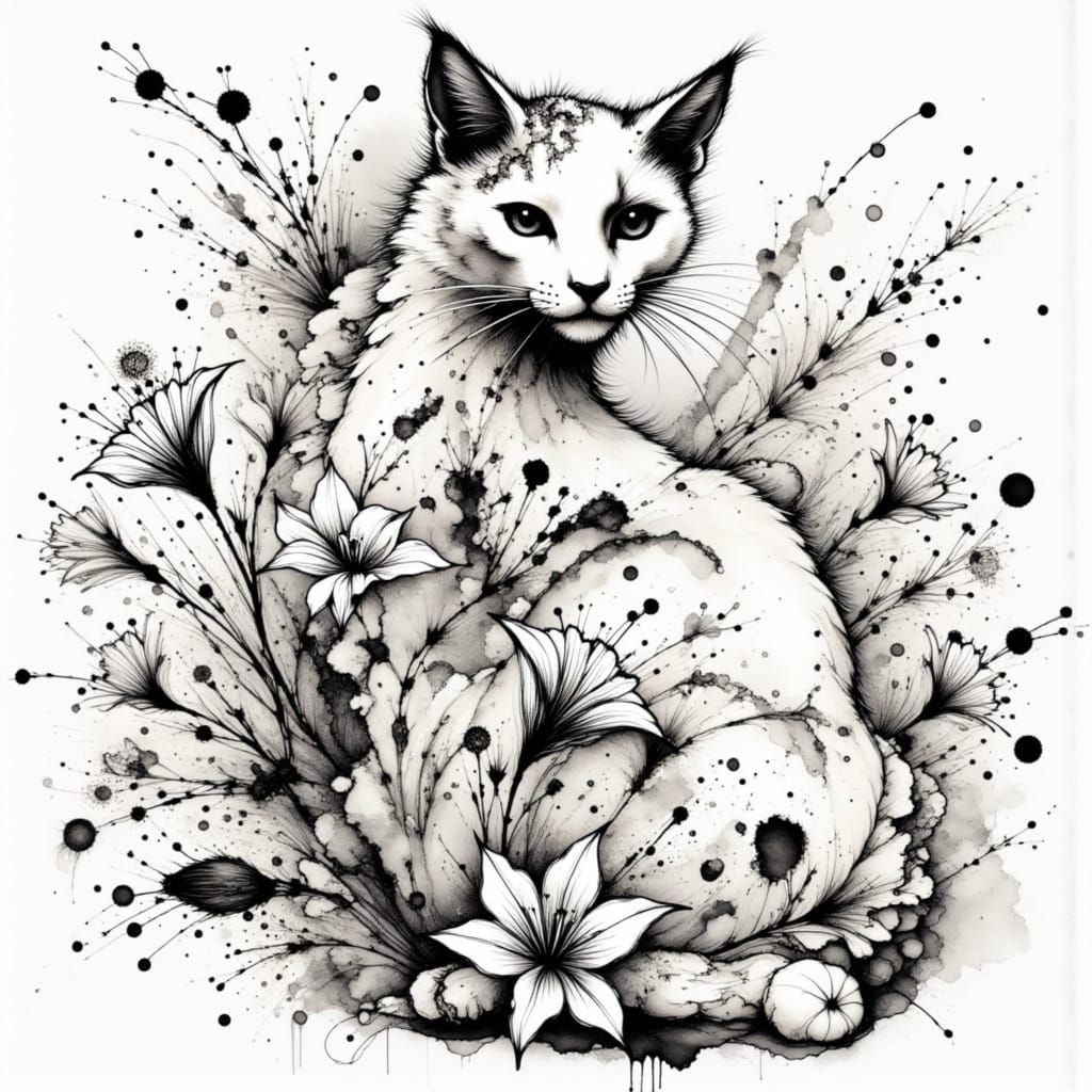 Cat made of white flowers, Ink splash art <lora:Alcohol Ink Splash:1.0> <lora:Ink splatter style:1.0>