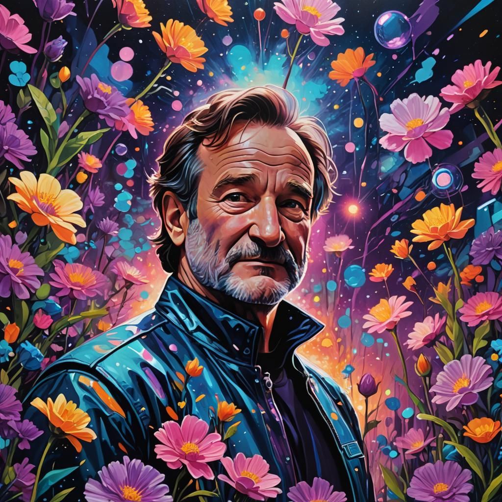 Cyberpunk Portrait with Glowing Flowers and Neon Lights