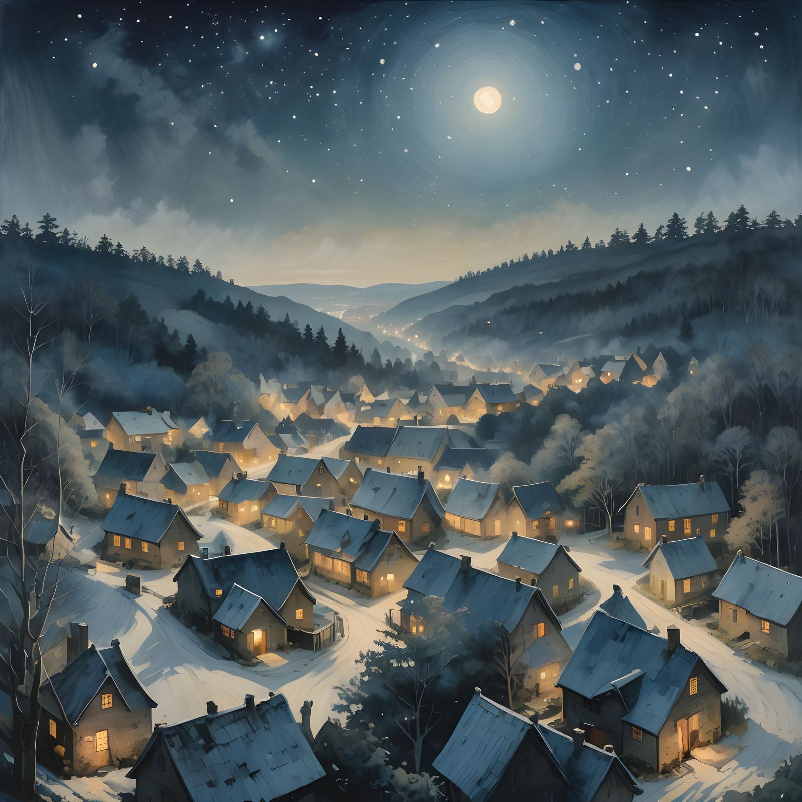 Sparkling Starry Night Over Village or Forest