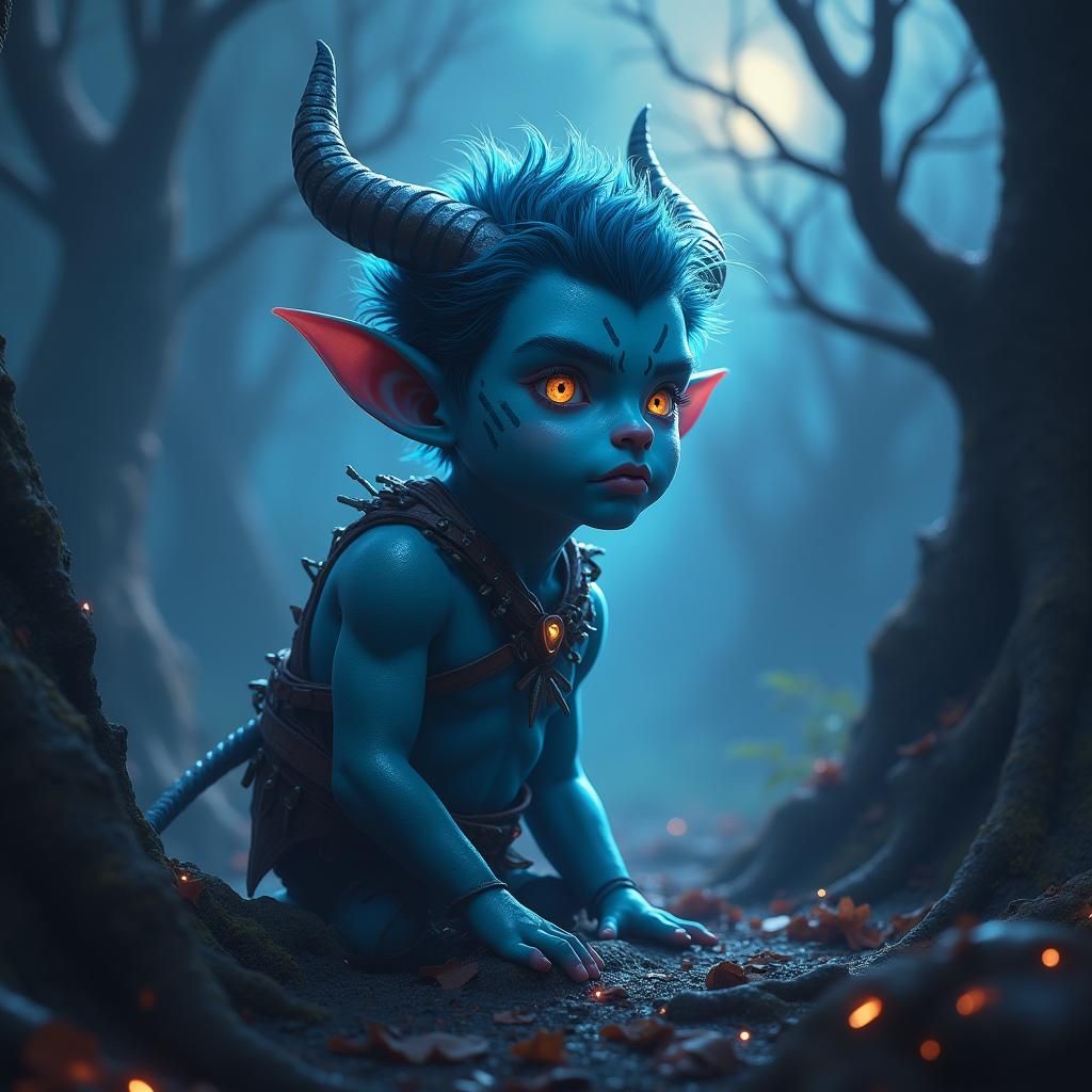 Aqua Demon Boy Emerging from Shadows