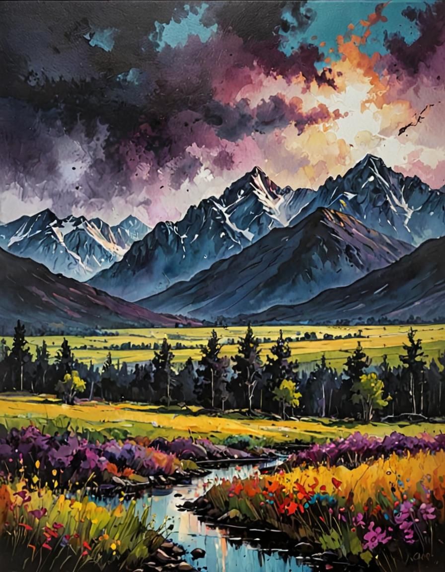 Vibrant Mountain Landscape Oil Painting with Ink Blots