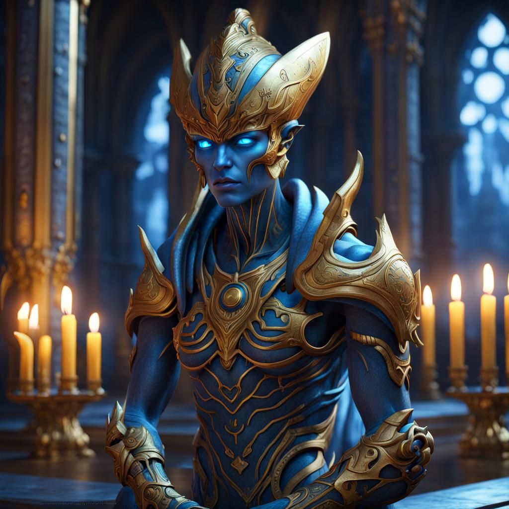 Blue Alien Paladin in Fantasy Temple
