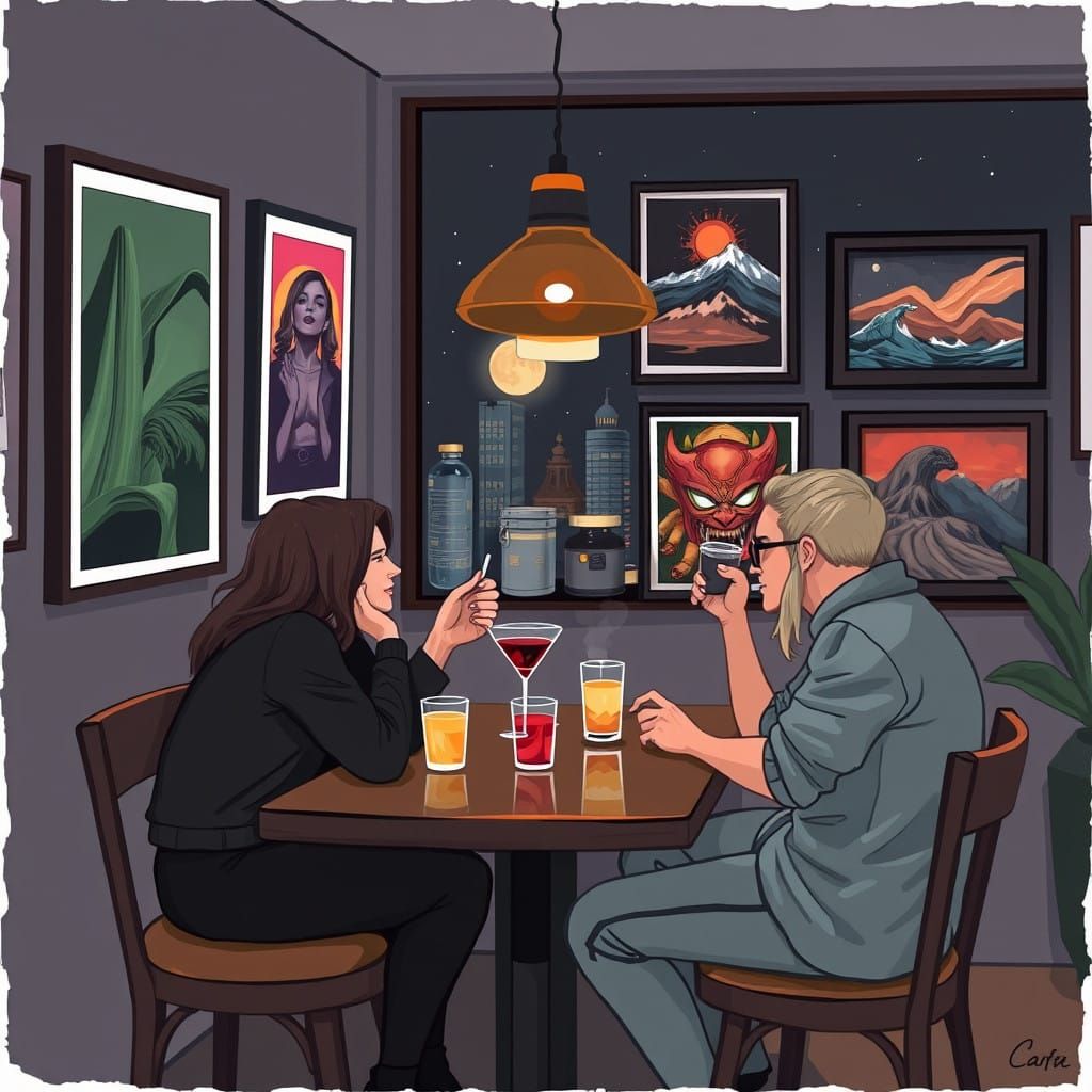 Friends Gather in a Chic Night Cafe Amidst Vibrant Art