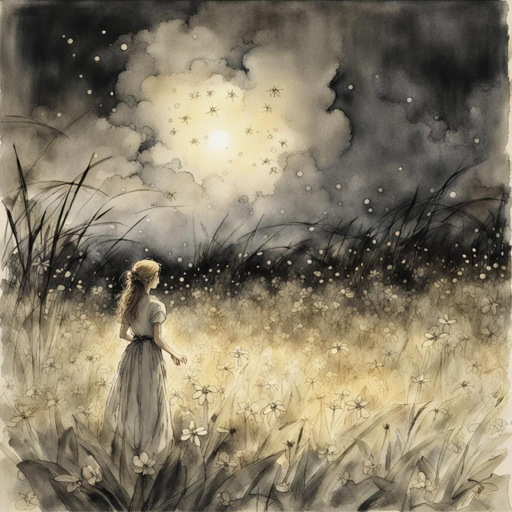 Ink+wash, watercolor, a field at night, full of grass and Pl...