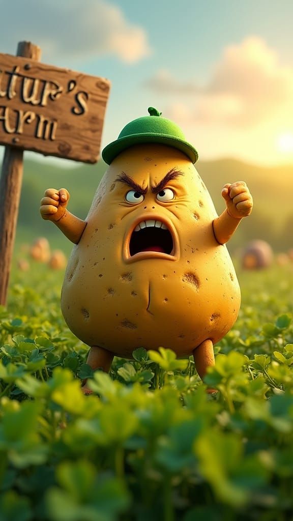Tater Fury, Whimsical Irish Potato, Cartoonish Comedic Style