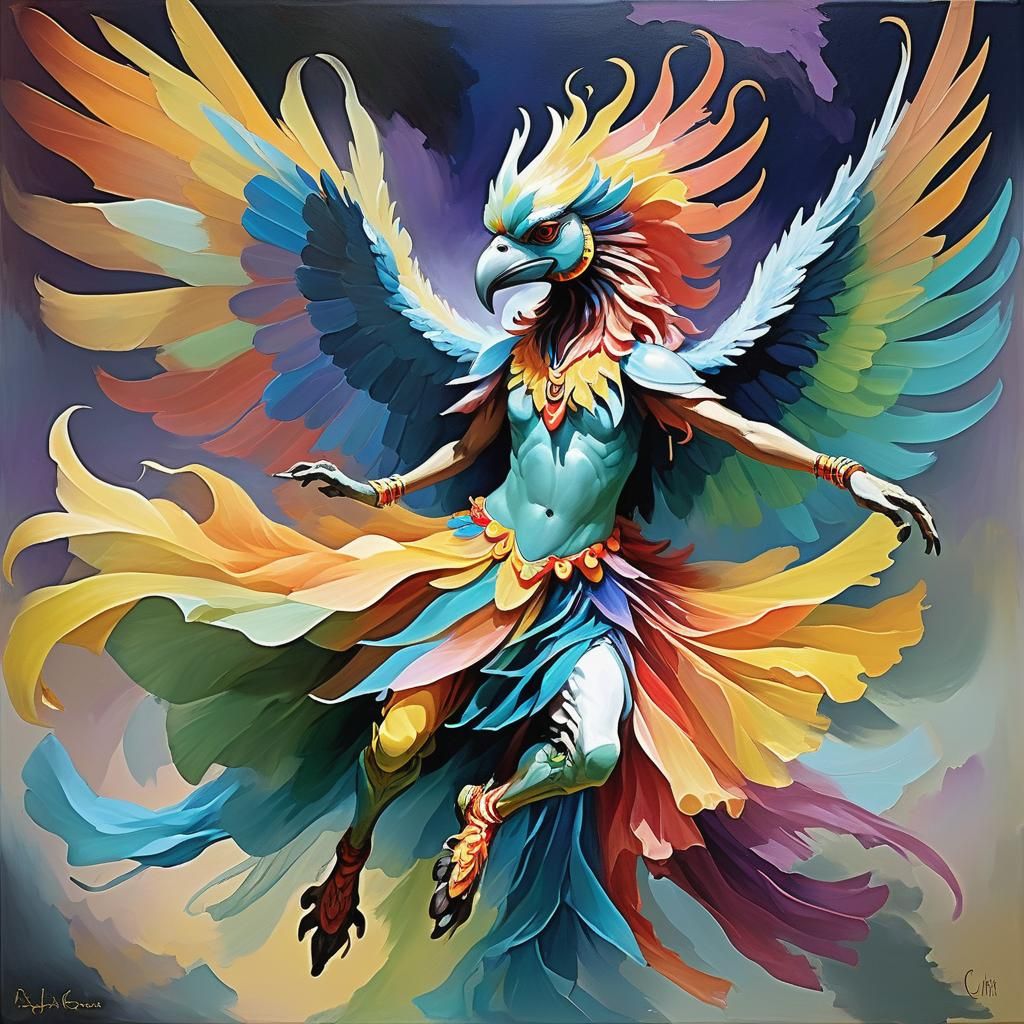 Veiled Griffin Dancer Oil Painting in Triadic Colors