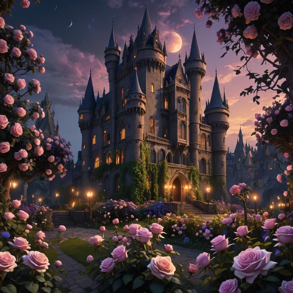 Gothic Garden Scene at Night, Masterpiece Art