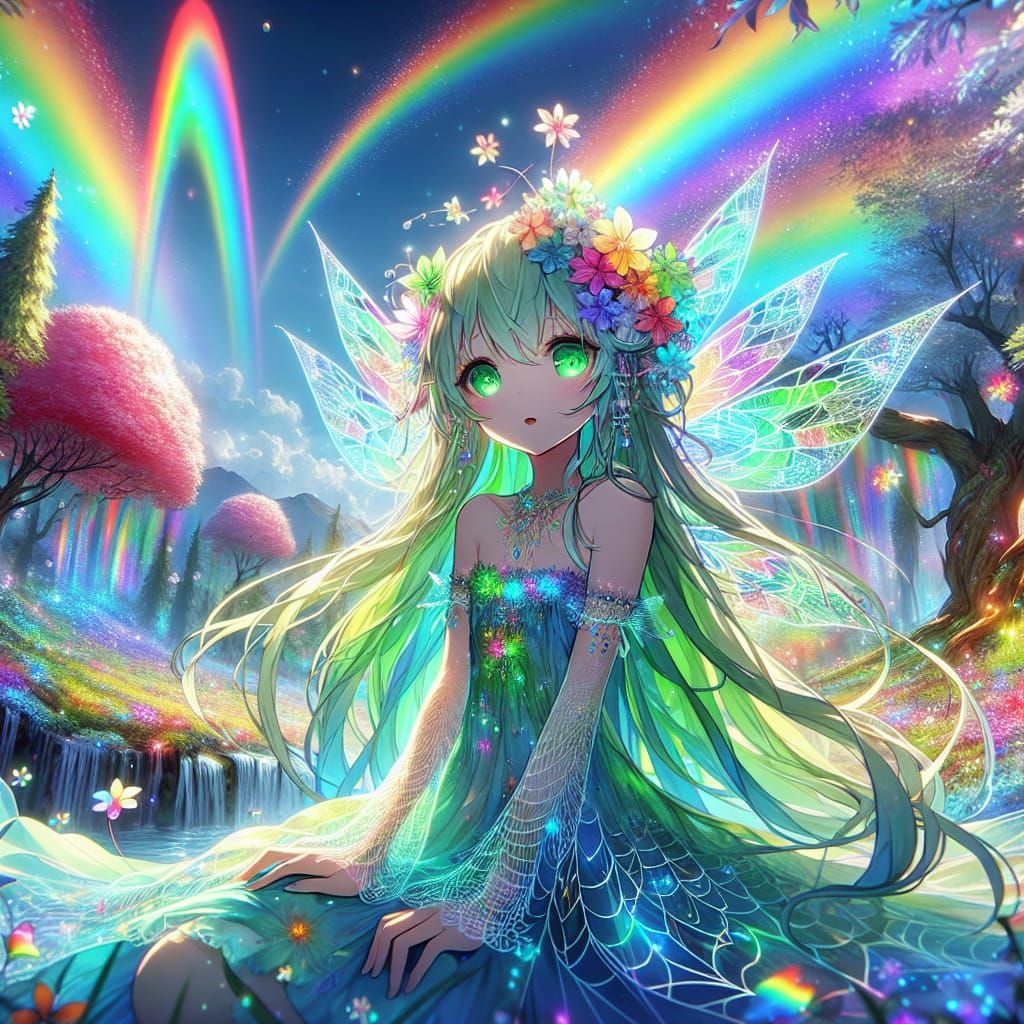 Anime Fairy in Rainbow Forest: Fantasy Concept Art