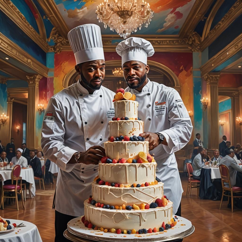 Hyperrealistic Portrait: Chefs Carrying Wedding Cake